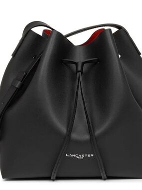Lancaster Paris Black Leather Drawstring Bucket Bag with Red Interior